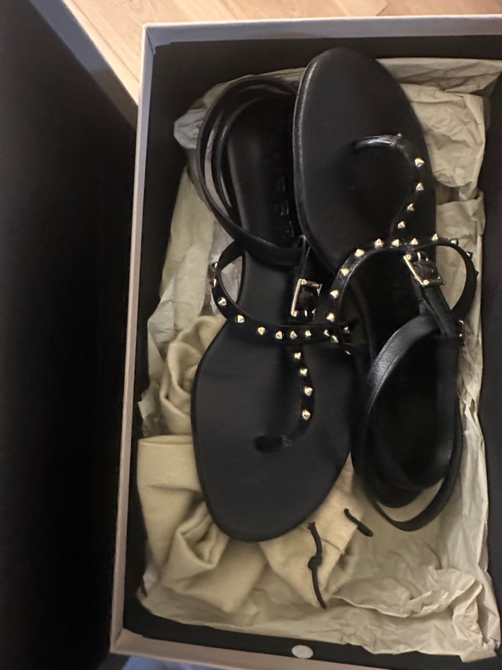 Burberry Black Leather Studded T-Strap Sandals